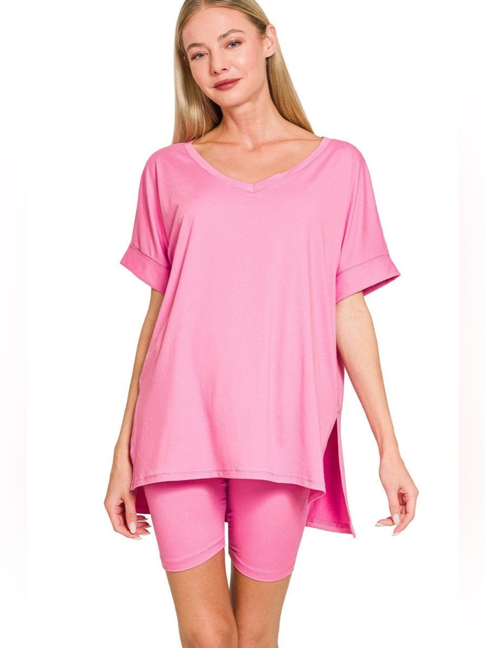 Zenana microfiber biker short set in Candy pink